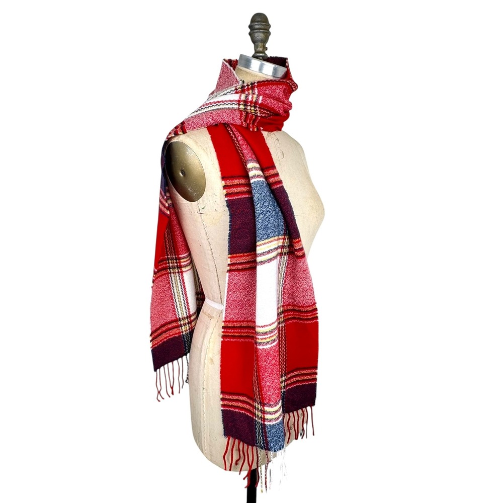 100% Cashmere Plaid Fringe‎ Woven Scarf Made in Scotland Red Navy Classic Preppy